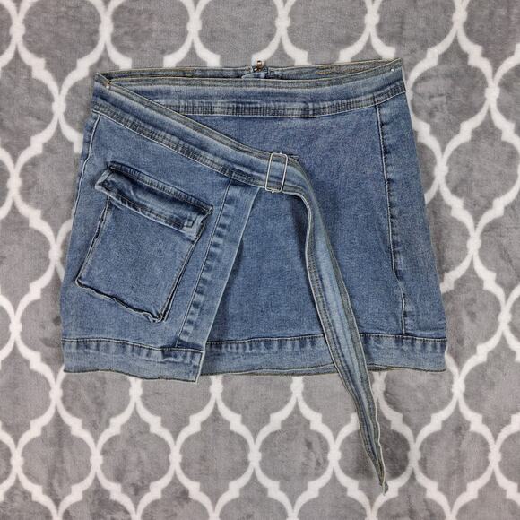 Unbranded Dresses & Skirts - Denim Wrap Skirt Mini Small Blue‎ Cargo Pocket Western Cowgirl Belted